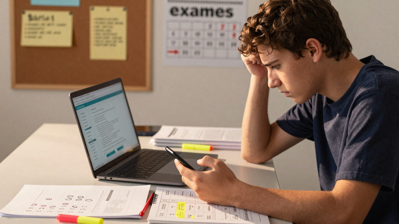 Adolescente concentrado estudando com laptop, celular e materiais escolares em mesa organizada.
