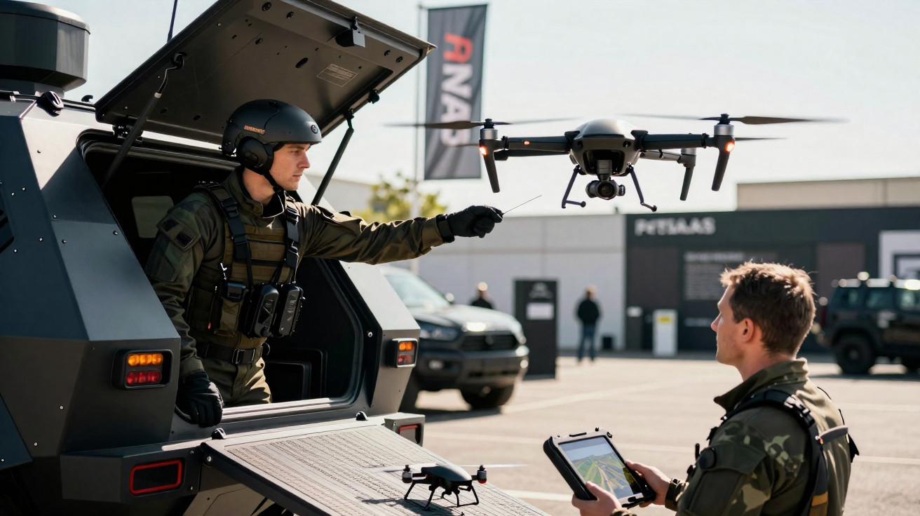 Militares operando drones próximos a veículo blindado em ambiente externo durante simulação ou patrulha.