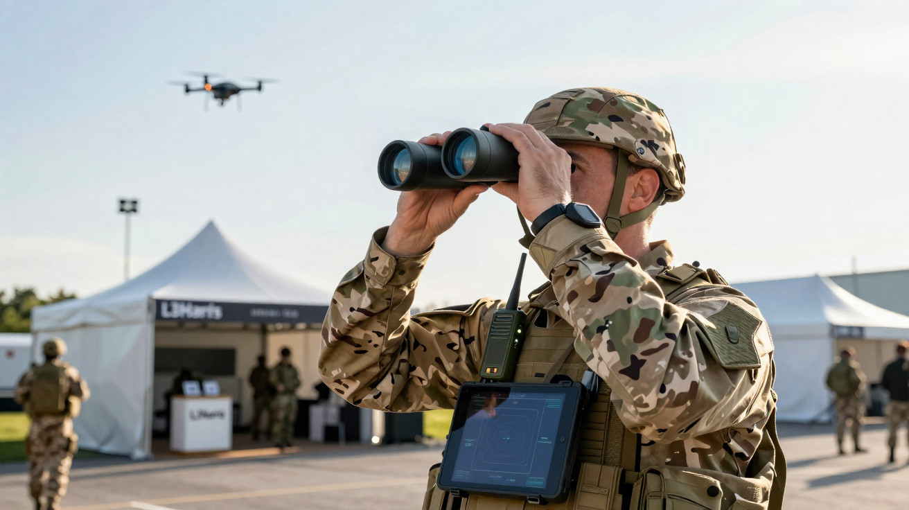 Soldado em uniforme camuflado usando binóculos enquanto monitora drone em área externa com tendas ao fundo.