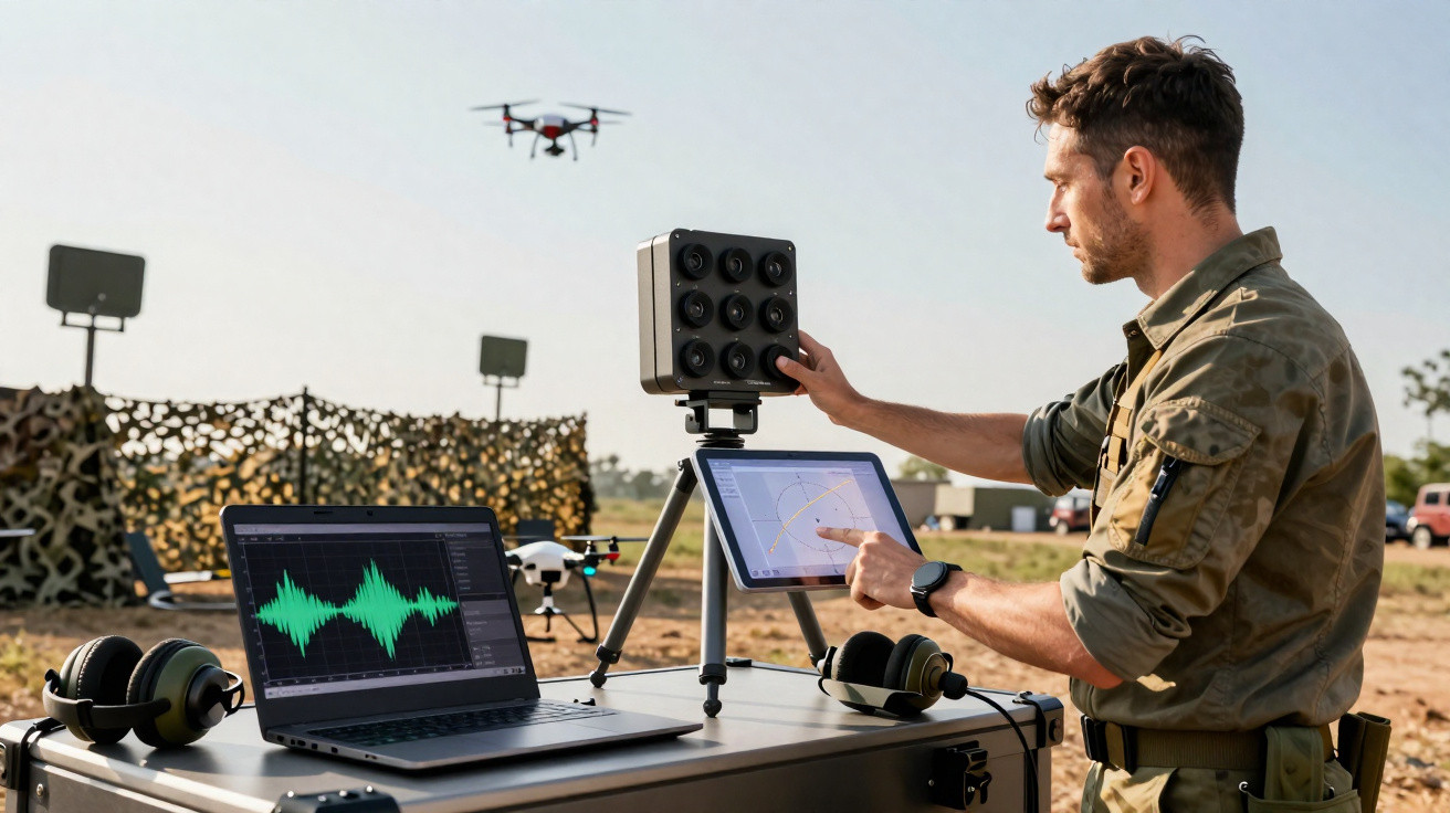 Homem operando equipamento de monitoramento eletrônicos e drones em ambiente externo militar.