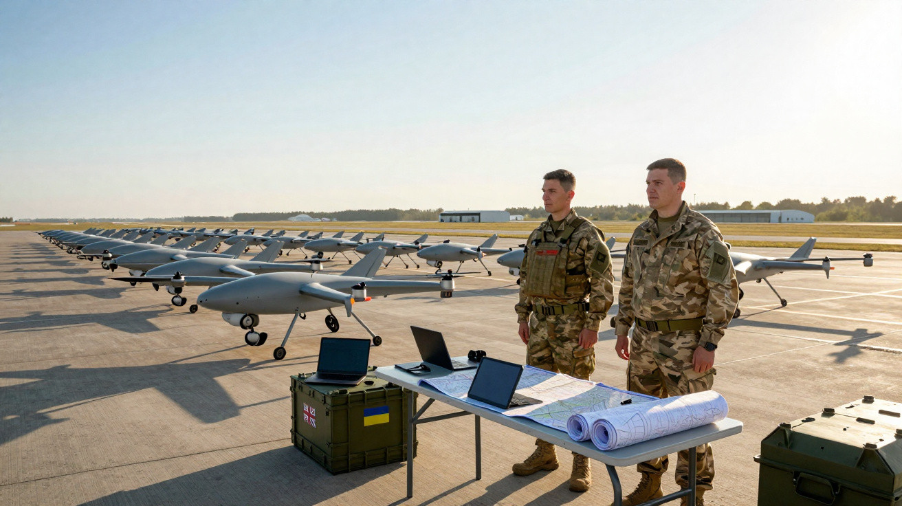 Dois soldados em uniforme militar próximos a várias aeronaves não tripuladas alinhadas em um pátio de aeroporto.