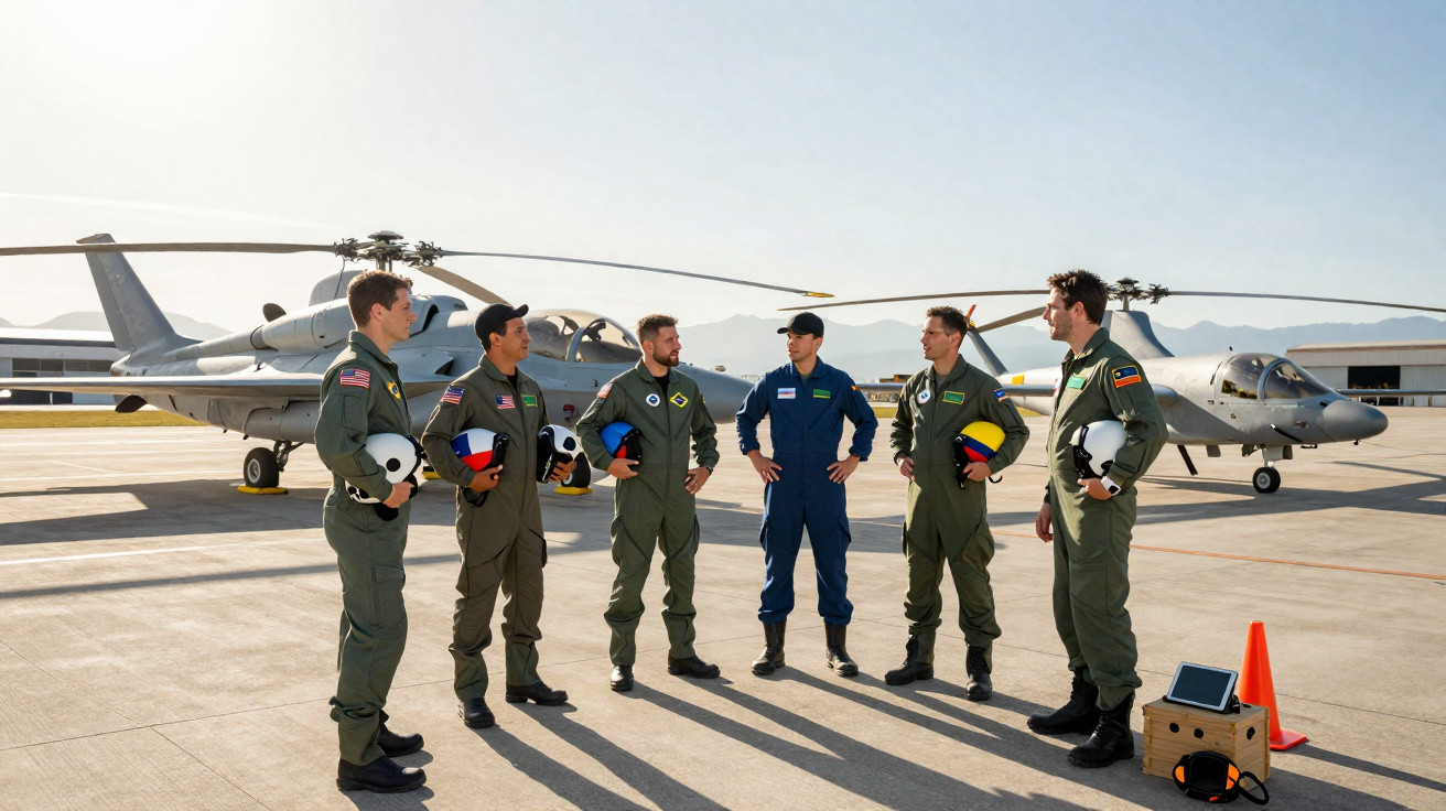 Grupo de pilotos militares em uniforme conversando próximo a helicópteros em pista de aeroporto.