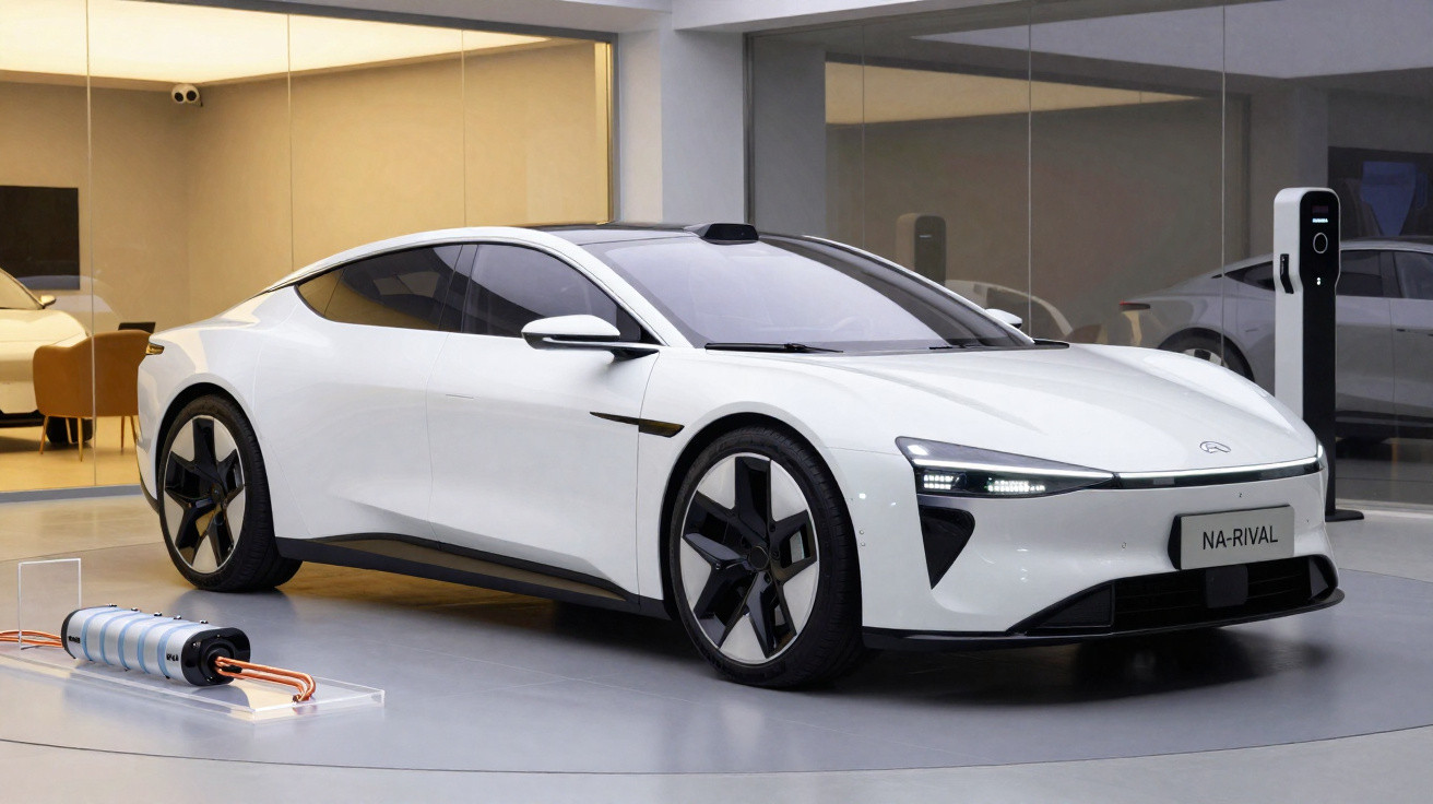 Carro elétrico branco futurista em exposição, com estação de carregamento e bateria ao lado.