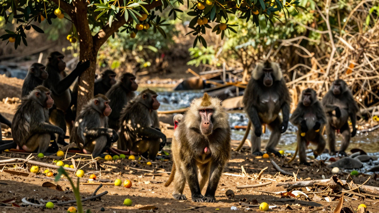 Grupo de babuínos reunidos sob árvores com frutas amareladas próximas a um riacho em área de mato.