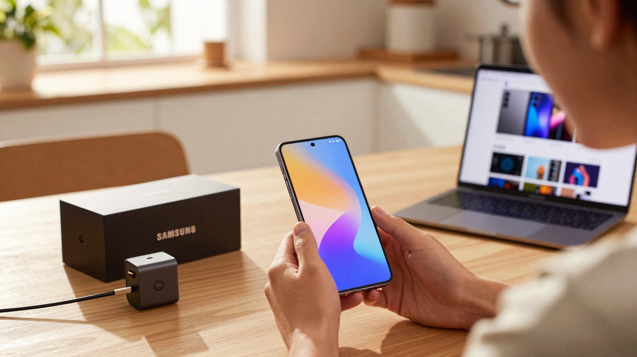Pessoa segurando um smartphone Samsung em uma mesa com caixa do celular, carregador e notebook ao fundo.