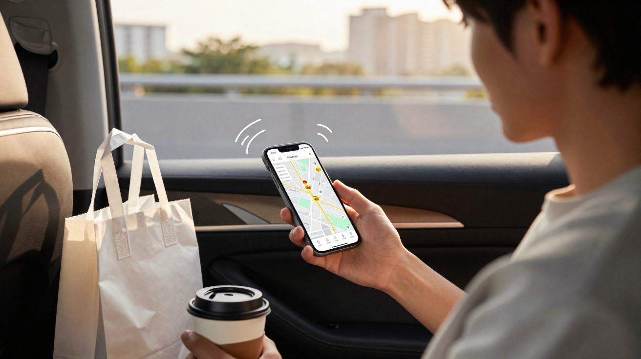 Pessoa dentro de carro segurando café e celular com aplicativo de mapa aberto na tela.