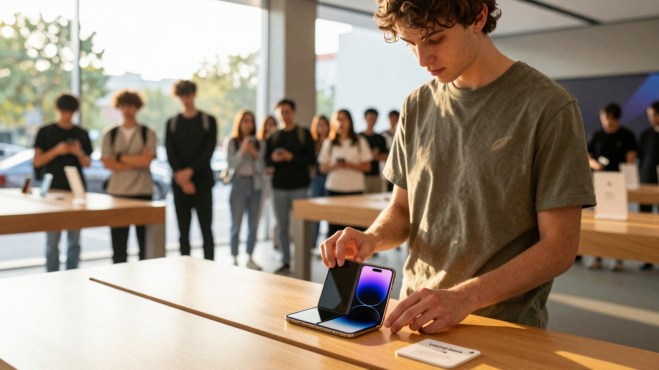Jovem manuseando celular dobrável em loja de tecnologia com pessoas ao fundo em fila.