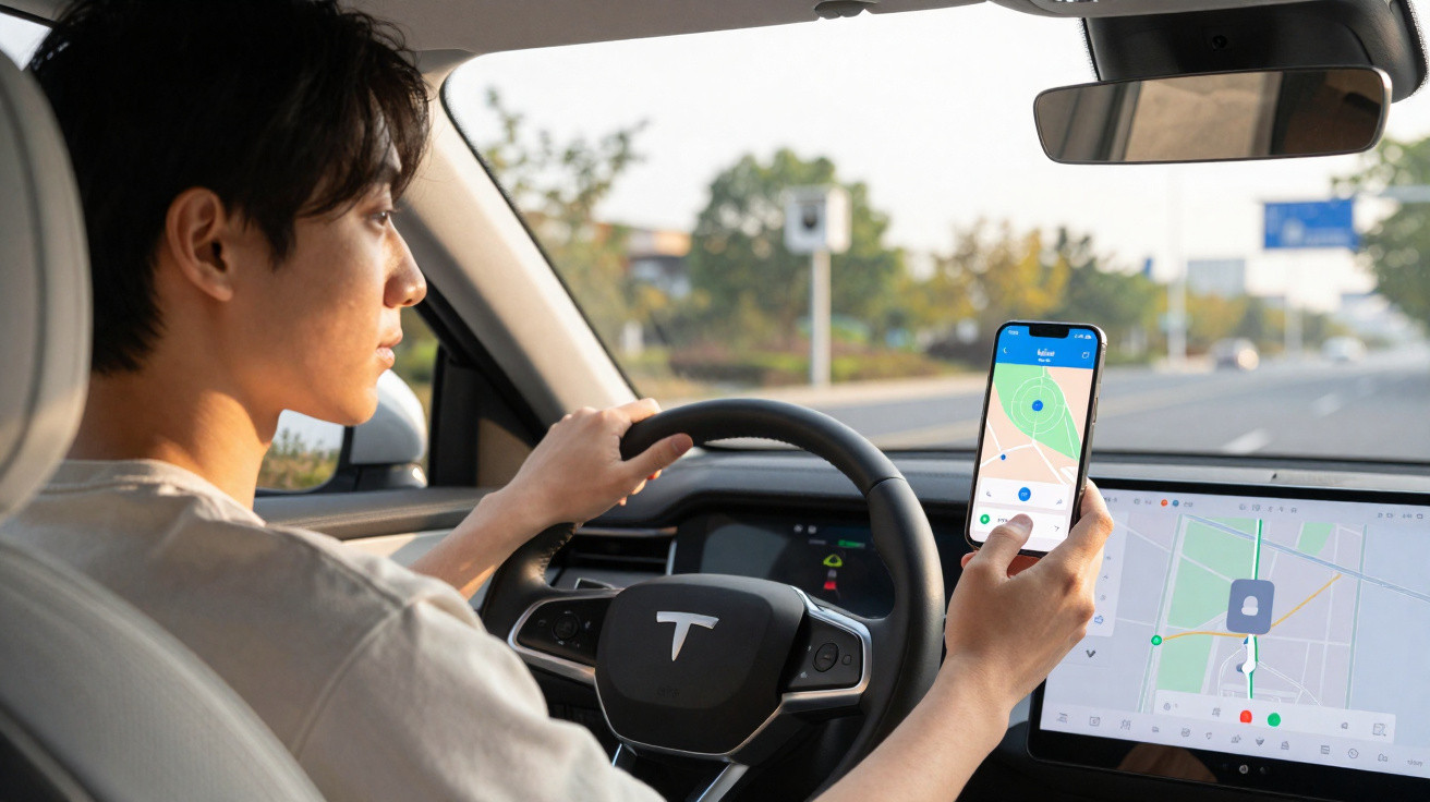 Pessoa dirigindo um carro Tesla segurando um smartphone com mapa digital na tela, interior moderno do veículo.
