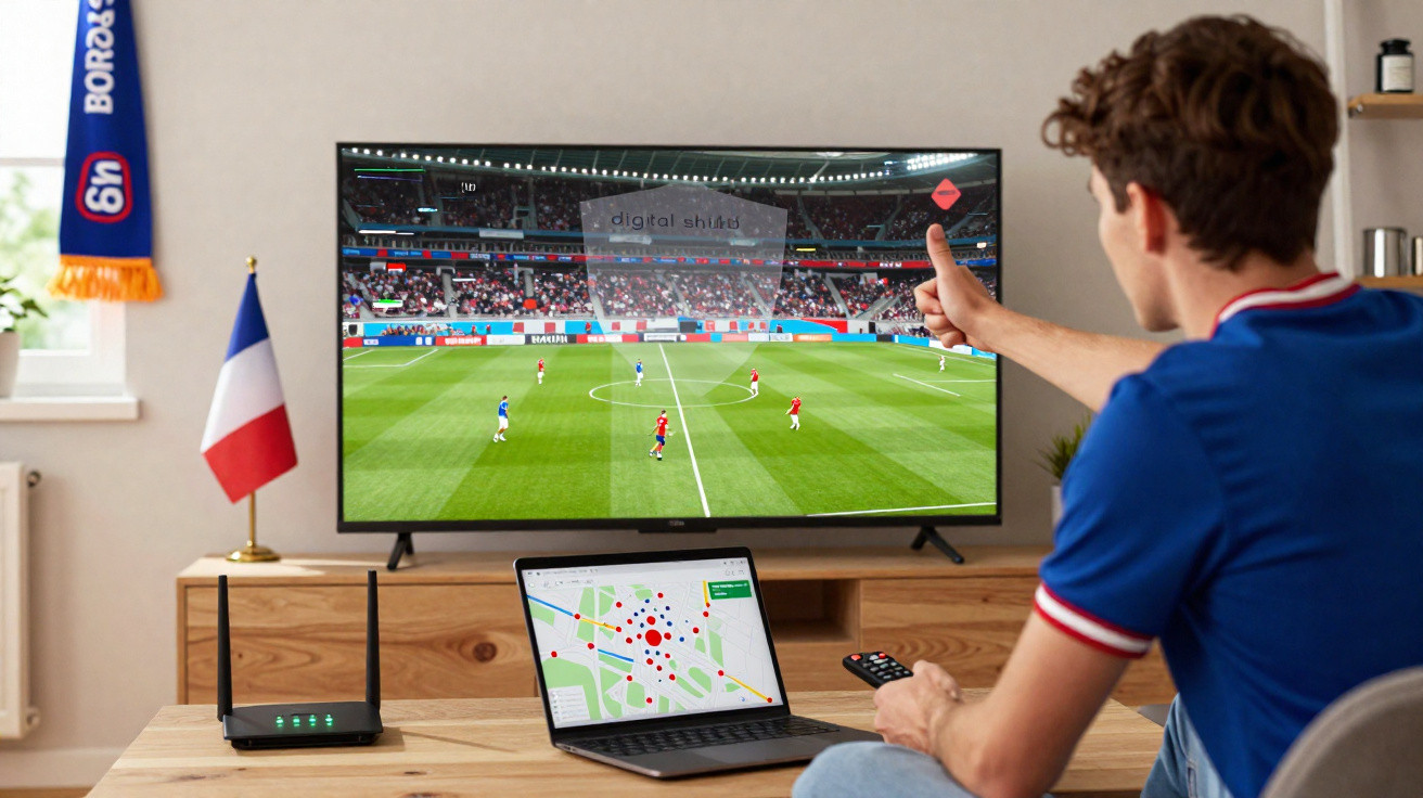Homem de azul assiste jogo de futebol na TV com laptop, controle remoto e roteador em mesa de madeira.