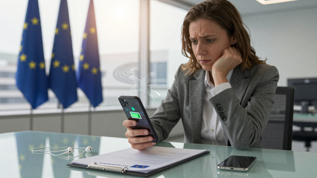 Mulher preocupada olhando para smartphone em sala de escritório com bandeiras da União Europeia ao fundo.