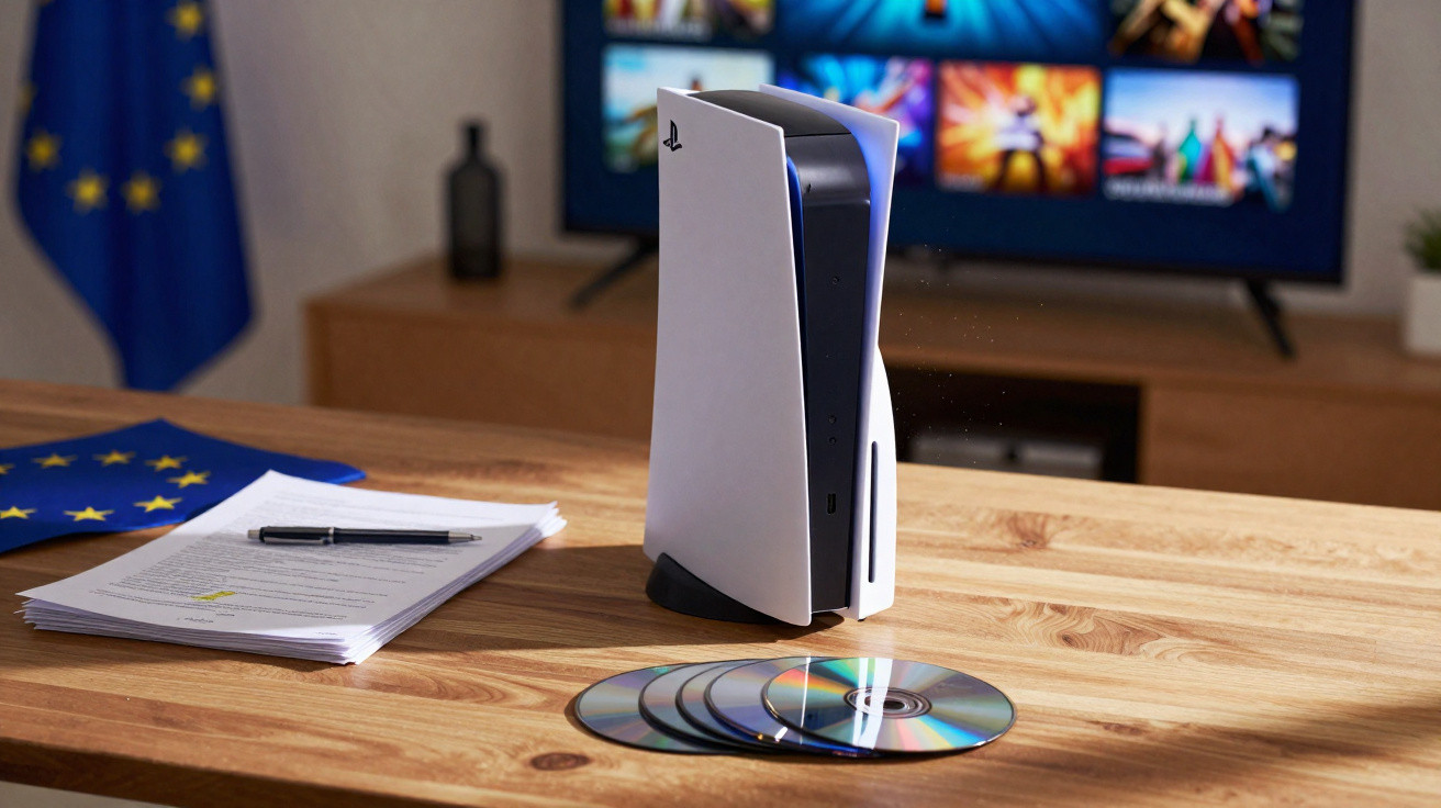 Console PlayStation 5 em pé sobre mesa de madeira com discos e documentos ao lado, TV ao fundo.