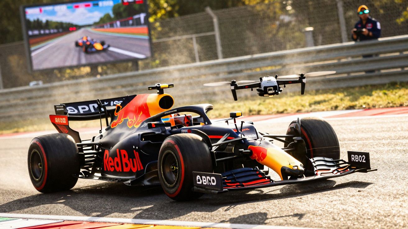 Carro de Fórmula 1 da Red Bull em pista com drone sobrevoando e tela de TV ao fundo.