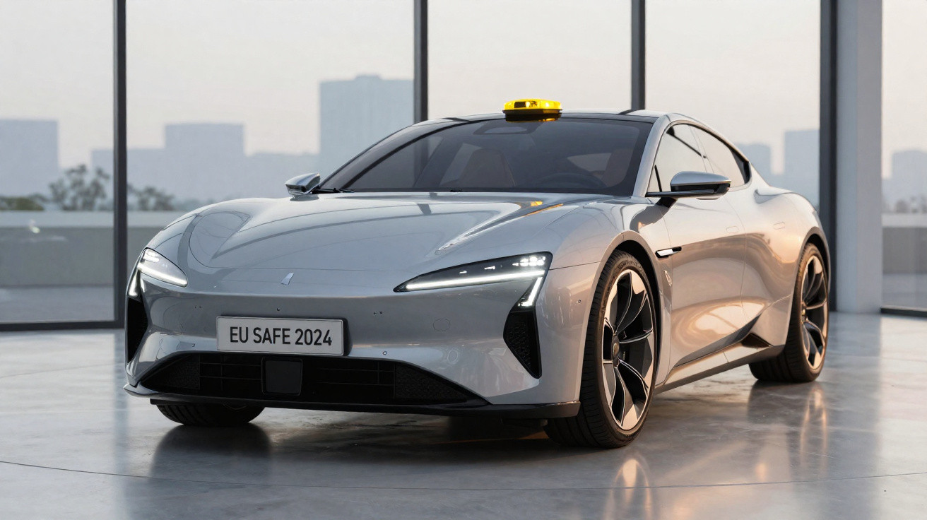 Carro esportivo elétrico prata com faróis modernos e placa EU SAFE 2024, exibido em ambiente interno iluminado.