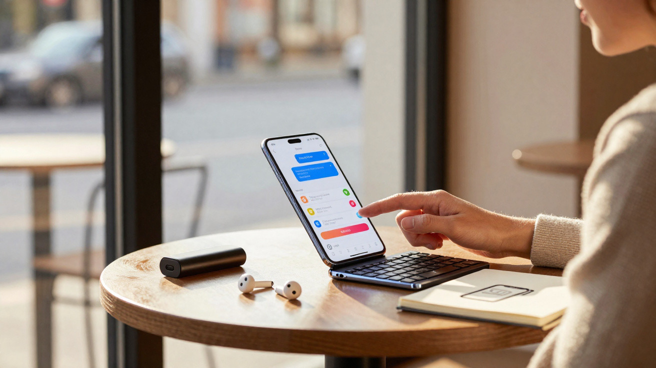 Pessoa usando smartphone dobrável com teclado em mesa de madeira, ao lado de fones e carregador portátil.