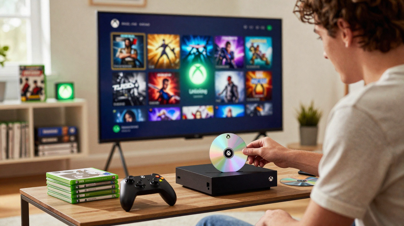 Jovem colocando disco em console Xbox Series X em sala com TV exibindo jogos digitais.