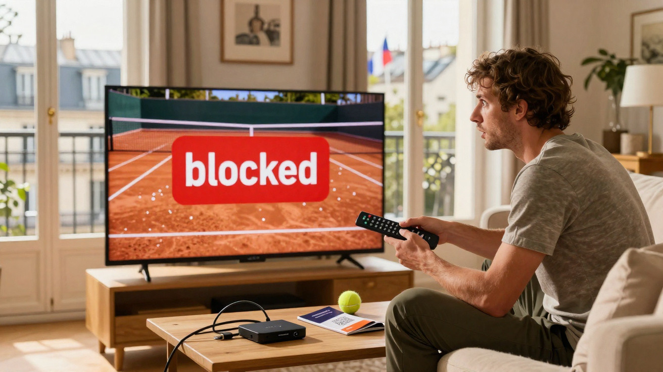 Homem sentado no sofá com controle remoto assistindo tênis na TV com palavra blocked na tela.