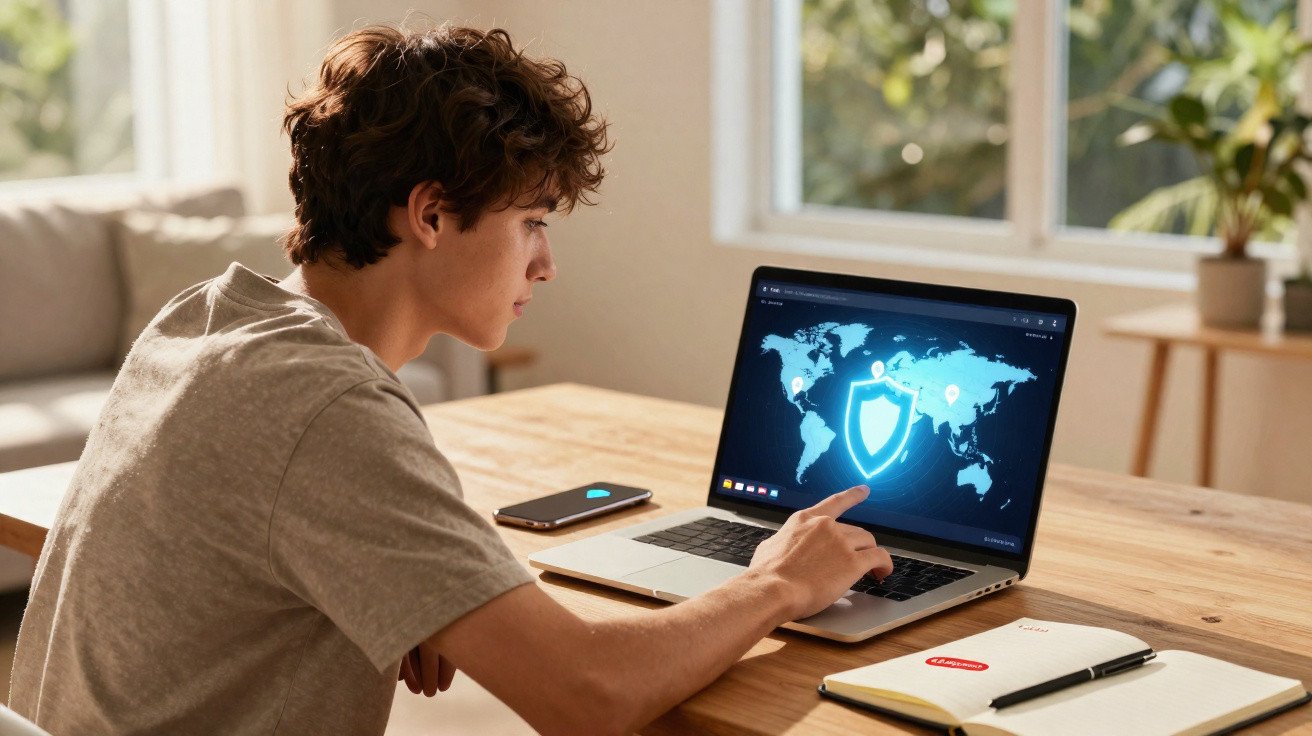 Jovem sentado à mesa usando laptop com símbolo de escudo na tela, indicando segurança digital.