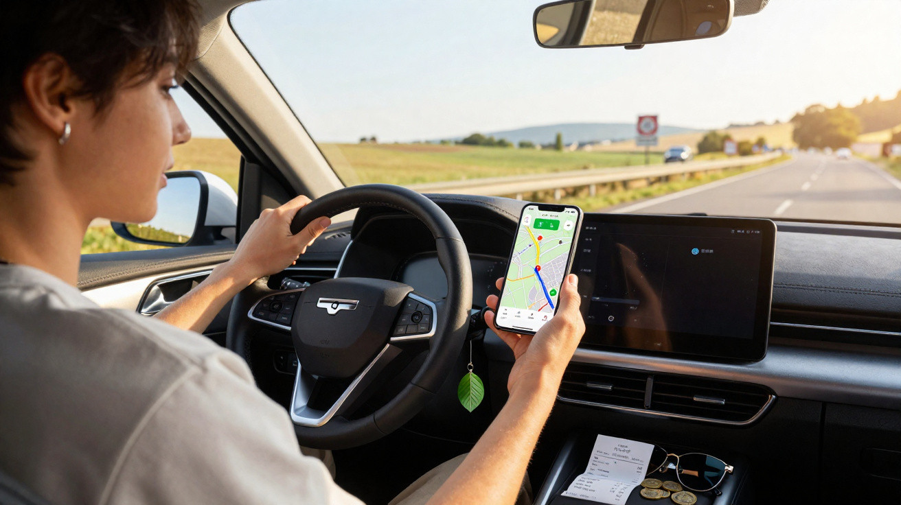 Pessoa dirigindo carro e segurando celular com aplicativo de GPS aberto na estrada durante o dia.
