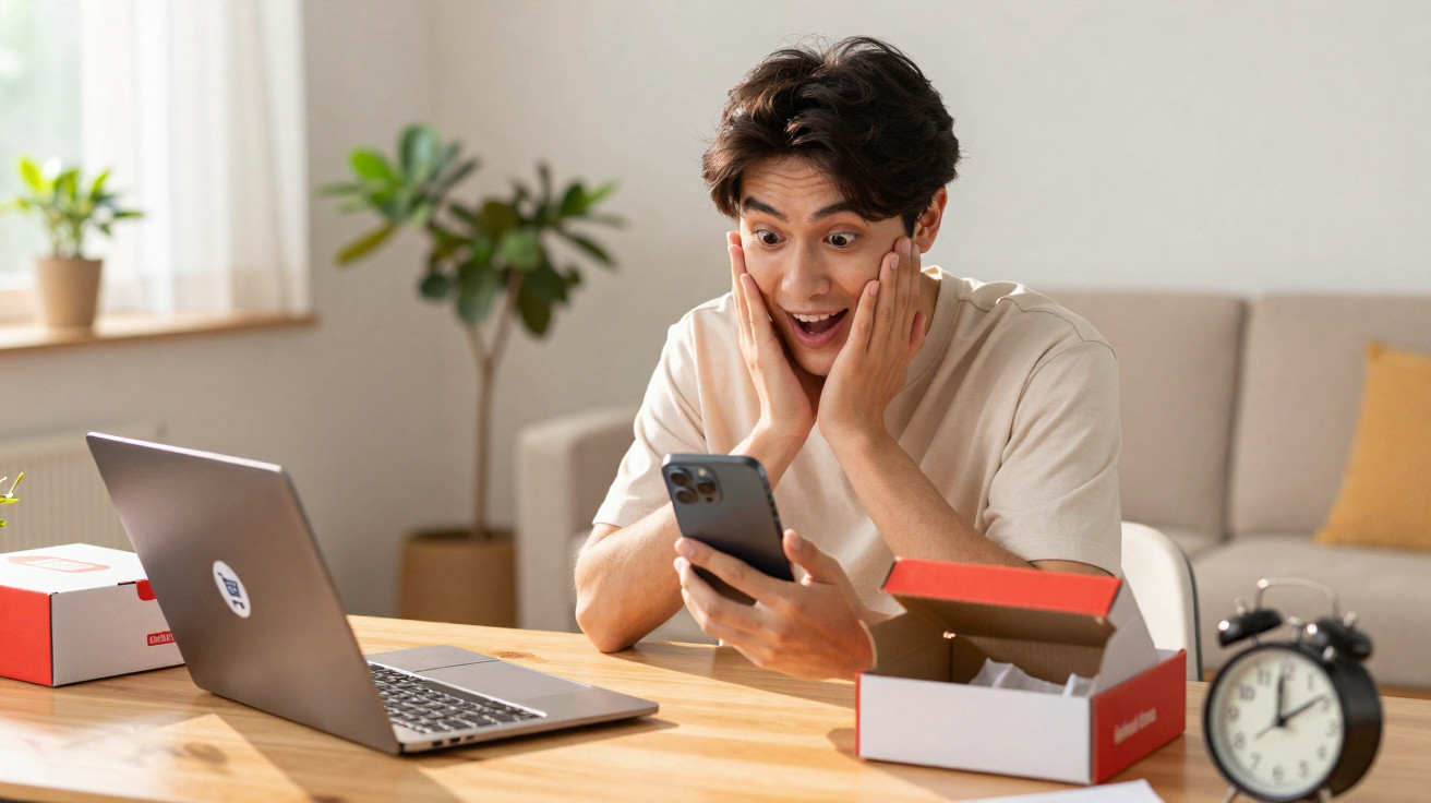 Jovem surpreso olhando para celular sentado à mesa com laptop e caixa de entrega, em ambiente doméstico.
