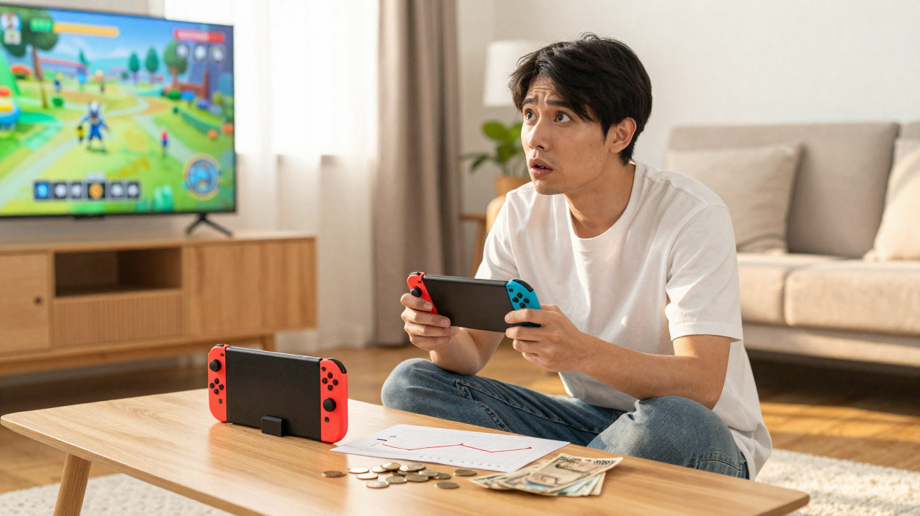 Homem sentado jogando videogame portátil em sala, com moedas e dinheiro sobre a mesa.