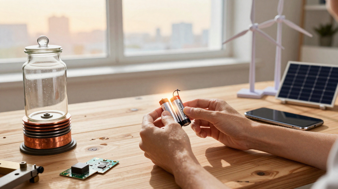 Pessoa segurando duas pilhas AA com fios, ao lado de dispositivos eletrônicos e modelos de energia renovável.