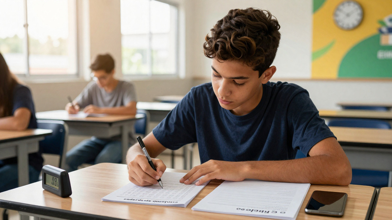 Estudante concentrado fazendo prova em sala de aula com relógio e celular na mesa.