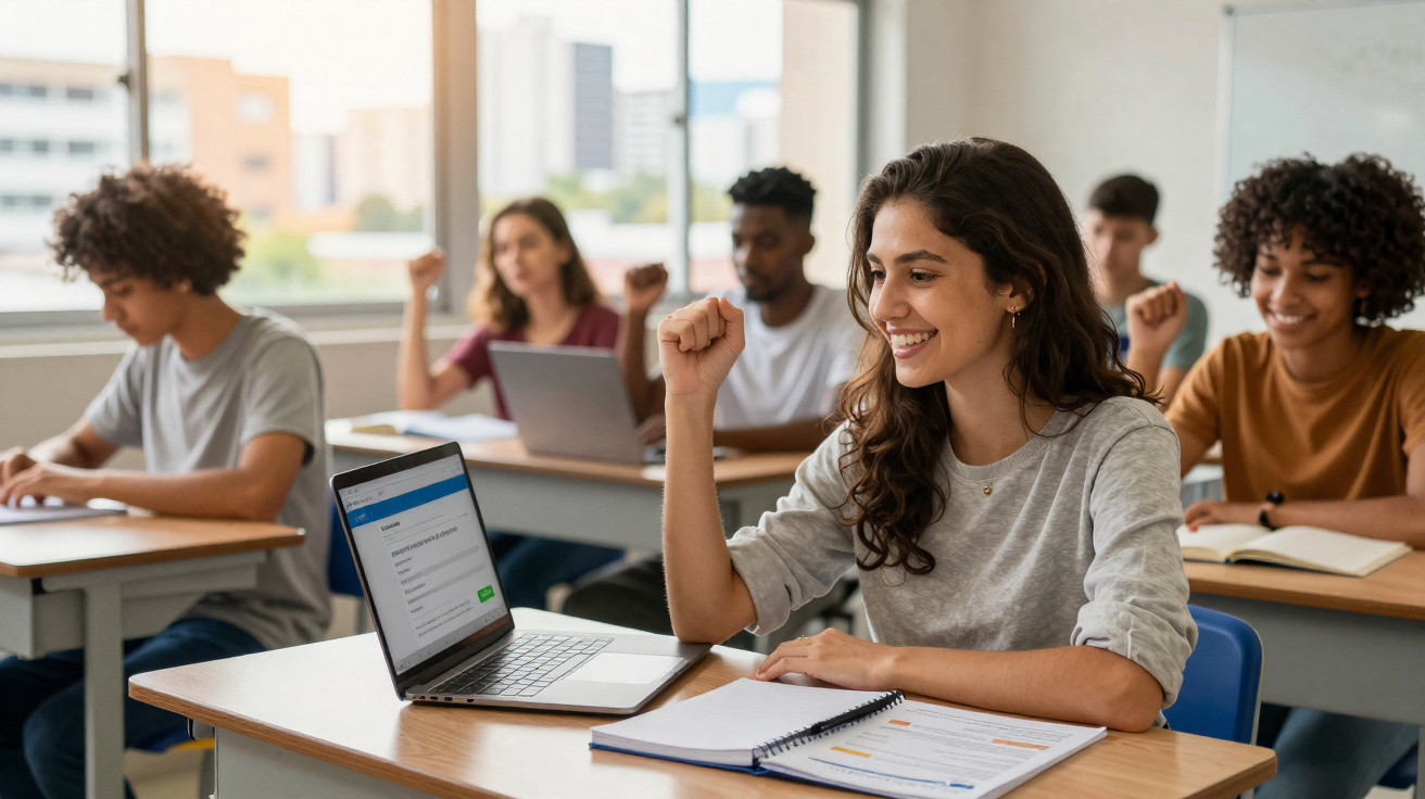 Estudantes em sala de aula usando laptops comemoram sucesso em teste ou atividade escolar.