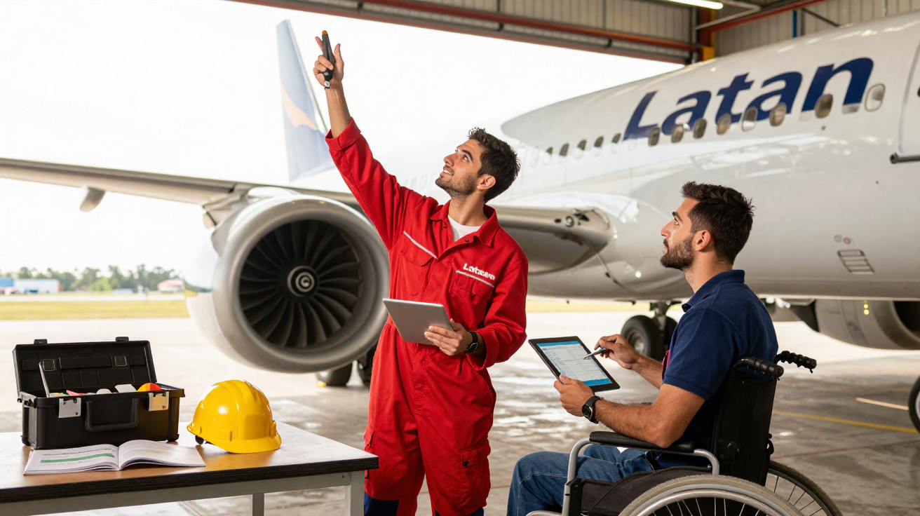 Dois técnicos inspecionam avião da Latam, um está em cadeira de rodas e outro aponta para a asa com tablet.
