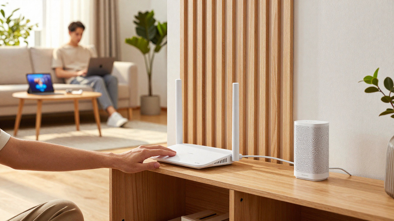 Pessoa ajusta roteador Wi-Fi em móvel de madeira em ambiente com sofá, mesa e planta.