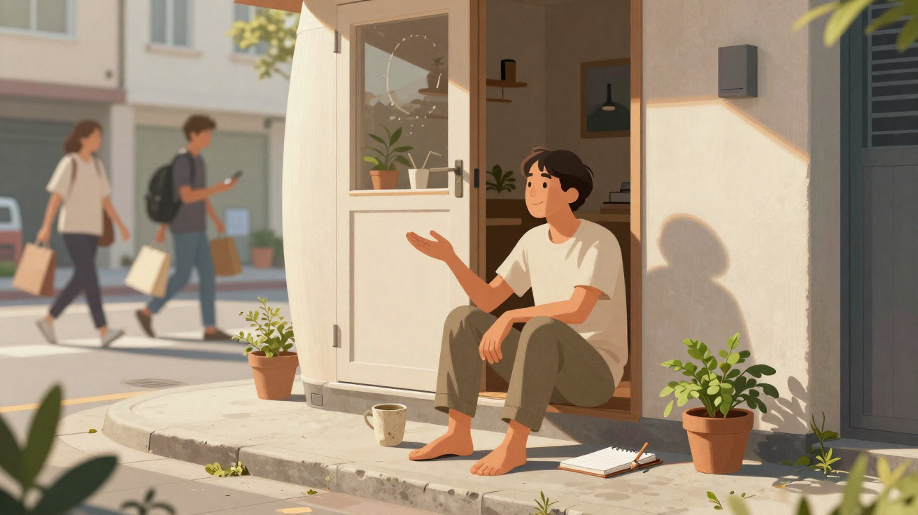 Jovem sentado descalço na soleira de uma porta, com plantas, caderno e xícara ao redor, enquanto pessoas caminham.