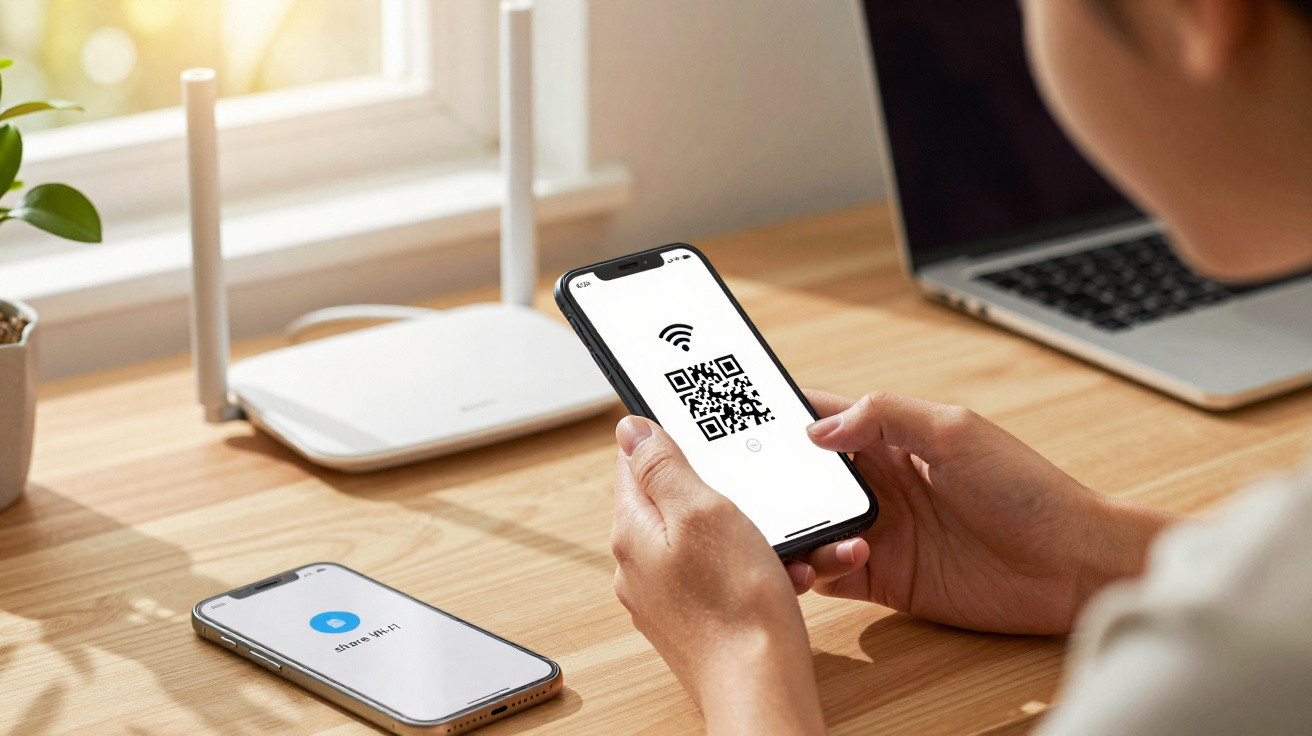 Pessoa segurando smartphone com código QR para Wi-Fi, roteador e notebook sobre mesa de madeira.