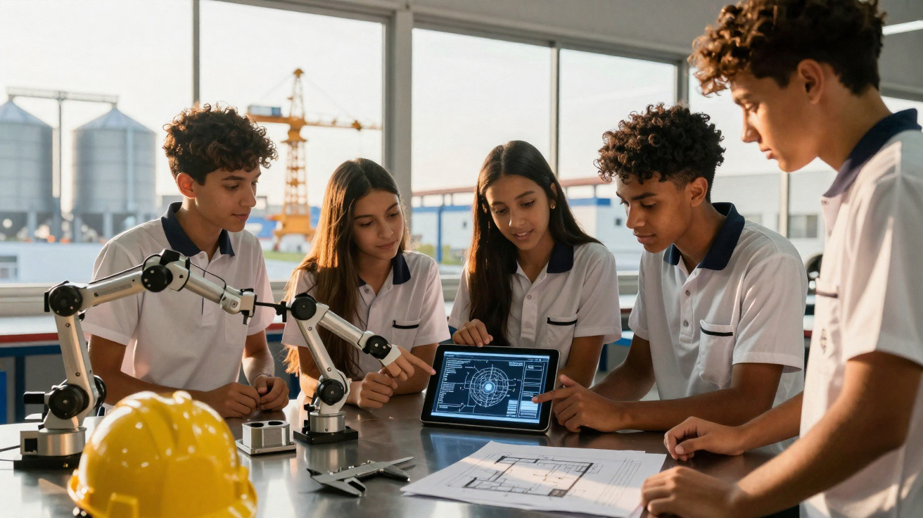 Estudantes em uniforme branco analisam projeto digital em tablet, com capacete e braços robóticos na mesa.
