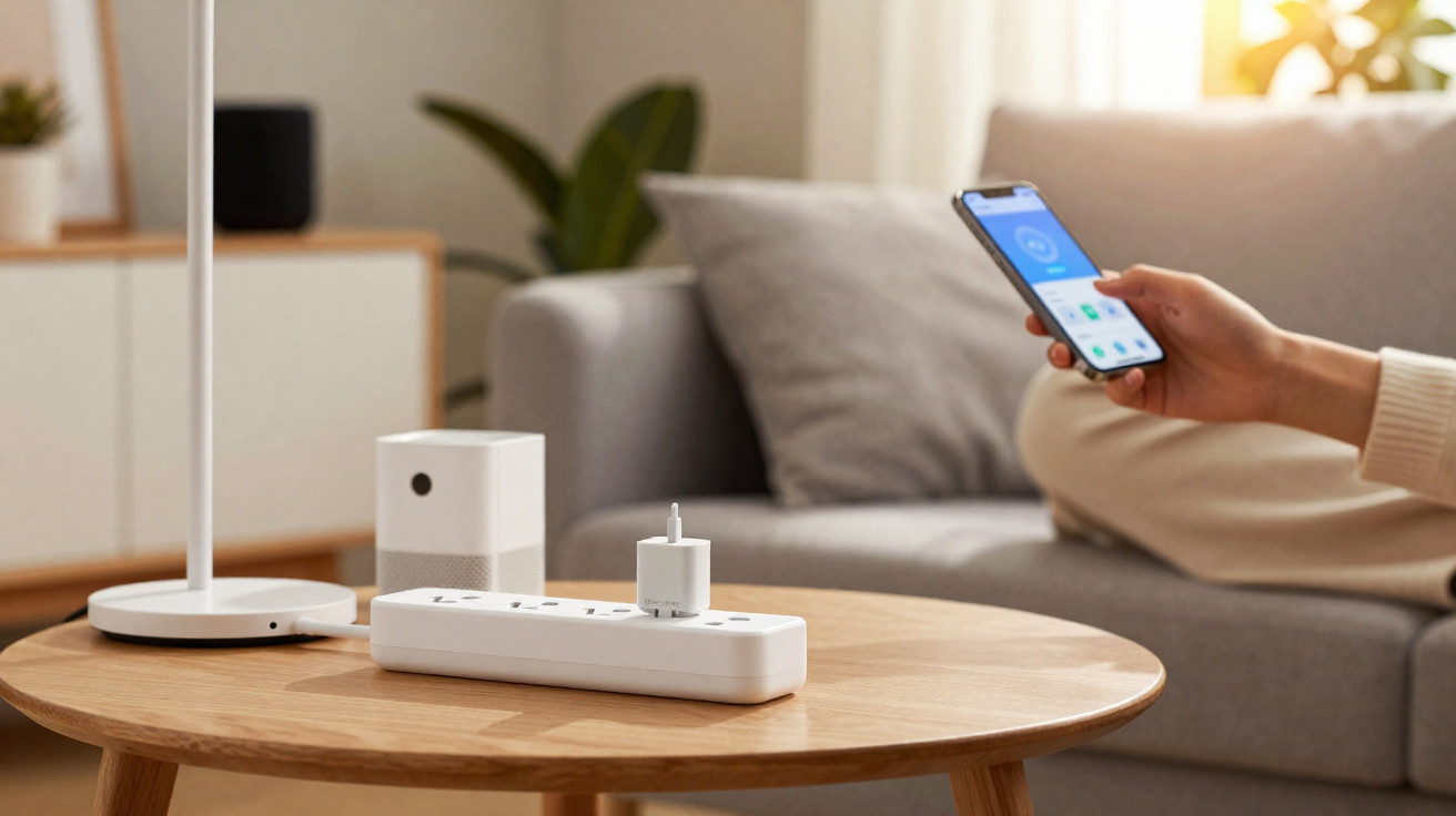 Mão segurando celular com app aberto próximo a tomada inteligente e lâmpada em sala de estar.