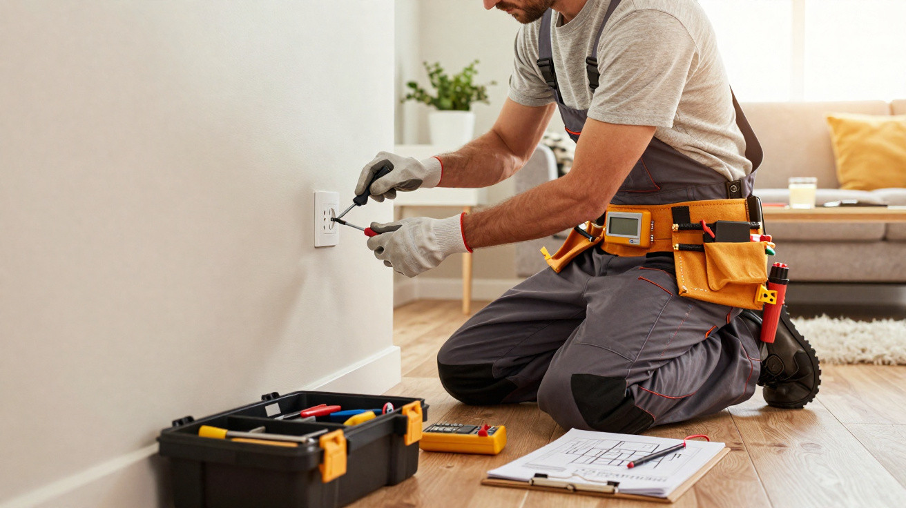 Eletricista trabalhando na instalação de tomada em parede de sala com sofá ao fundo.