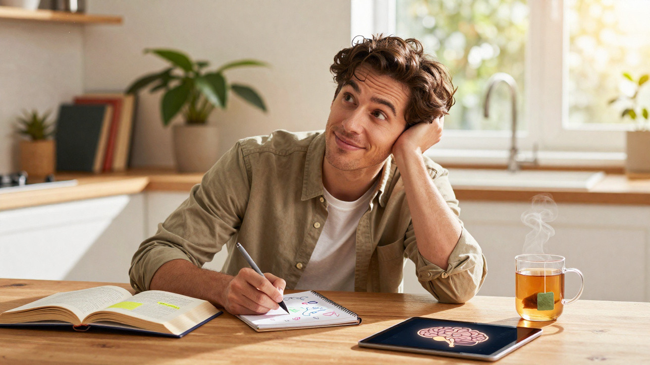 Homem pensativo escrevendo em caderno, com livro, tablet e chá quente em cozinha iluminada.