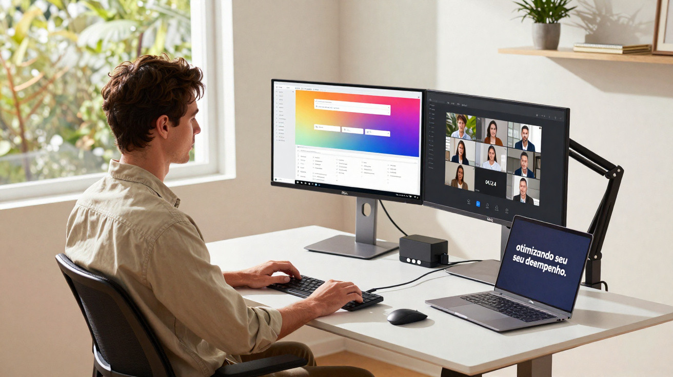 Pessoa sentada em escritório com dois monitores e um notebook em reunião virtual.