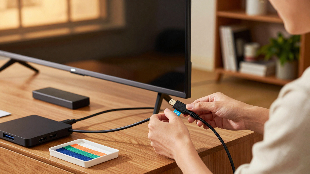 Pessoa conectando cabo HDMI em adaptador preto sobre mesa de madeira com monitor desligado ao fundo.