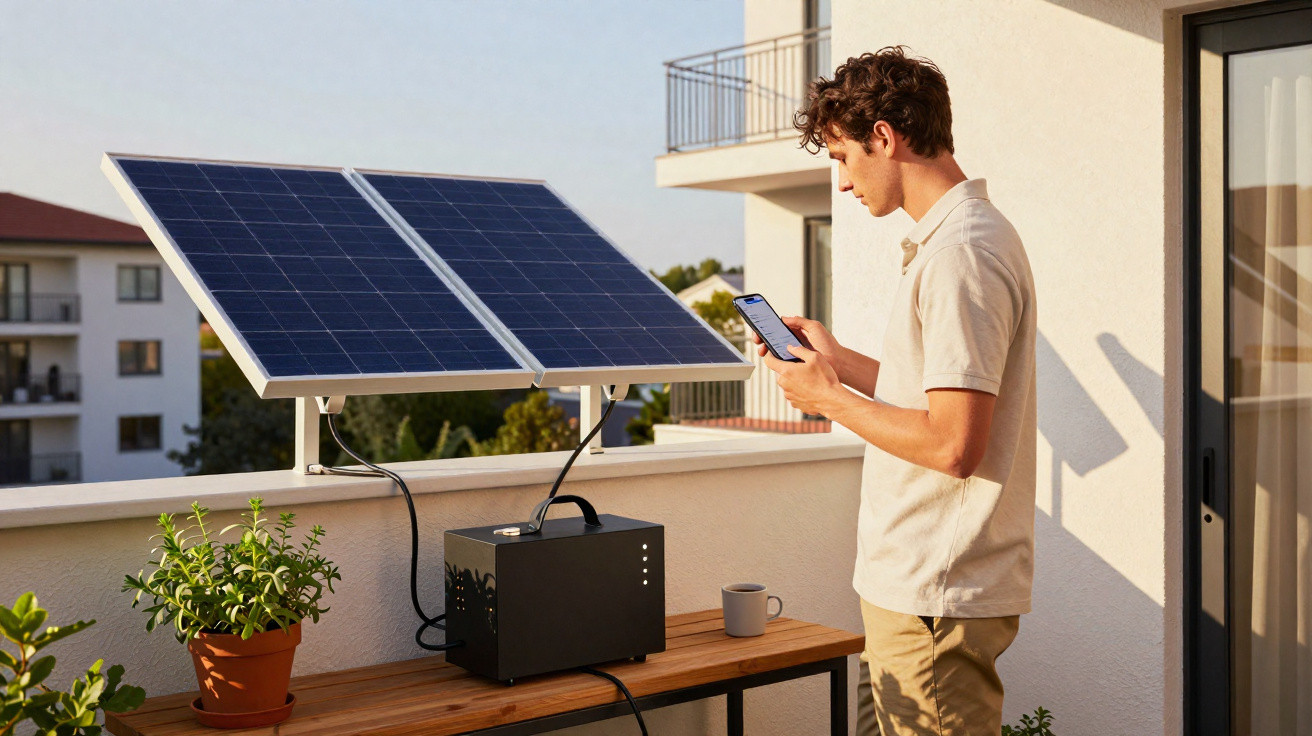 Homem usando celular ao lado de estação com painéis solares instalada em varanda de apartamento.