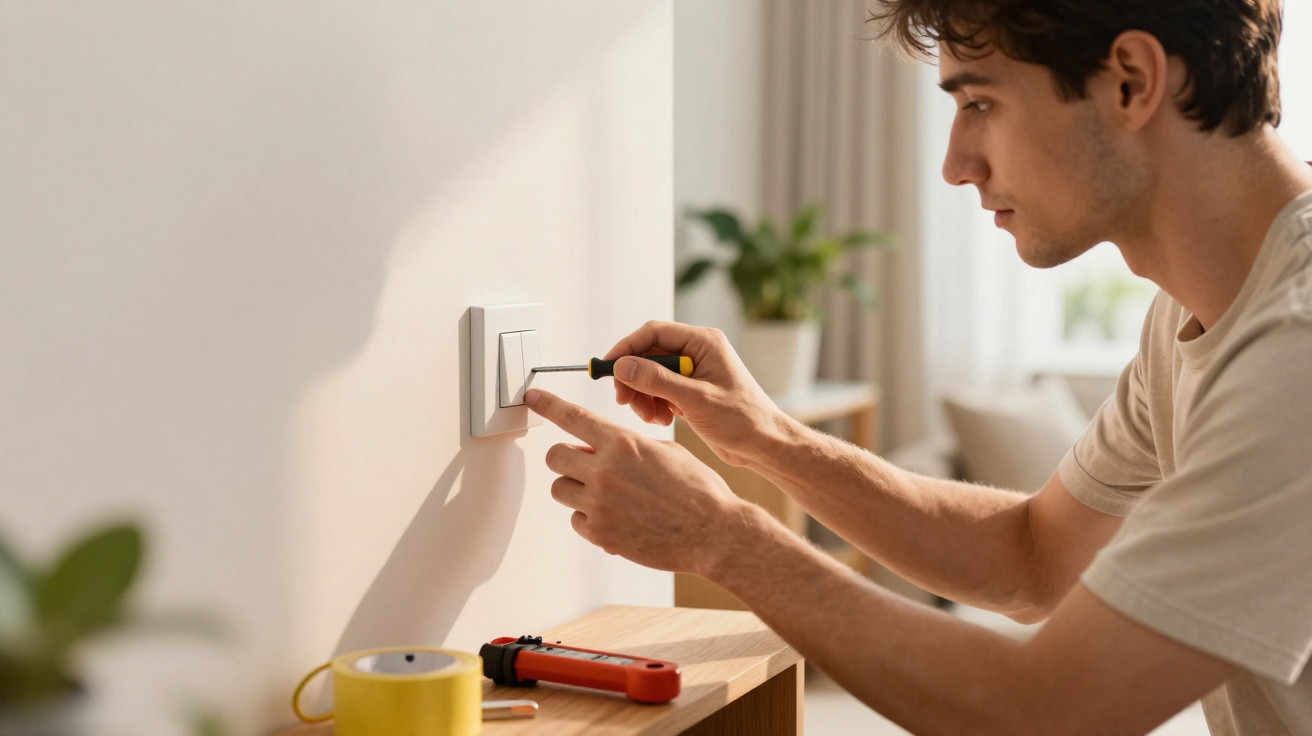 Homem consertando tomada elétrica com chave de fenda em ambiente interno iluminado.