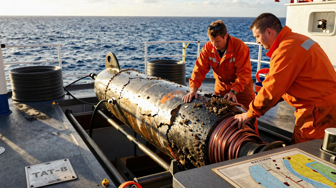 Dois homens com macacões laranja inspecionando equipamento marinho coberto de cracas em um navio no mar.