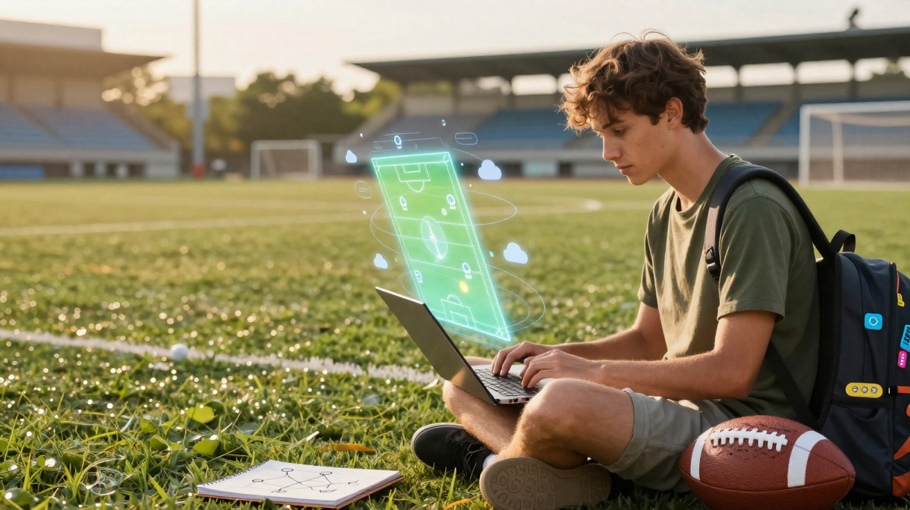 Jovem sentado no campo de futebol americano usando laptop com holograma tático do jogo na tela.