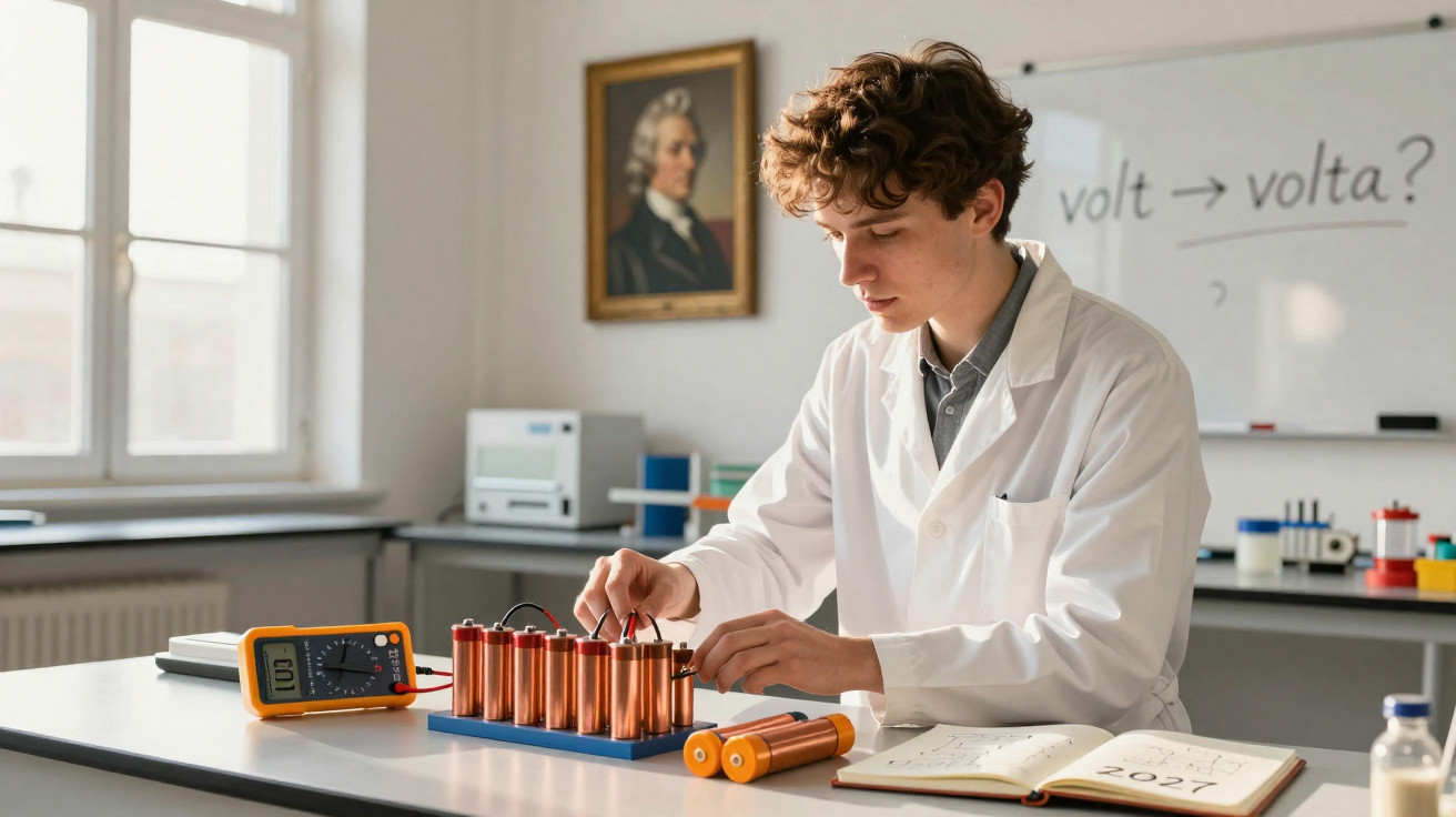 Jovem cientista em jaleco branco realiza experimento com baterias e multímetro em laboratório.
