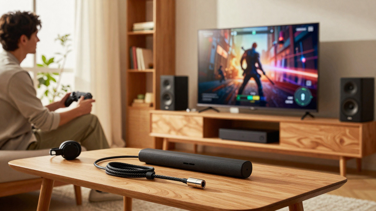 Homem sentado jogando videogame com controle, TV, caixa de som e mesa de madeira com acessórios.