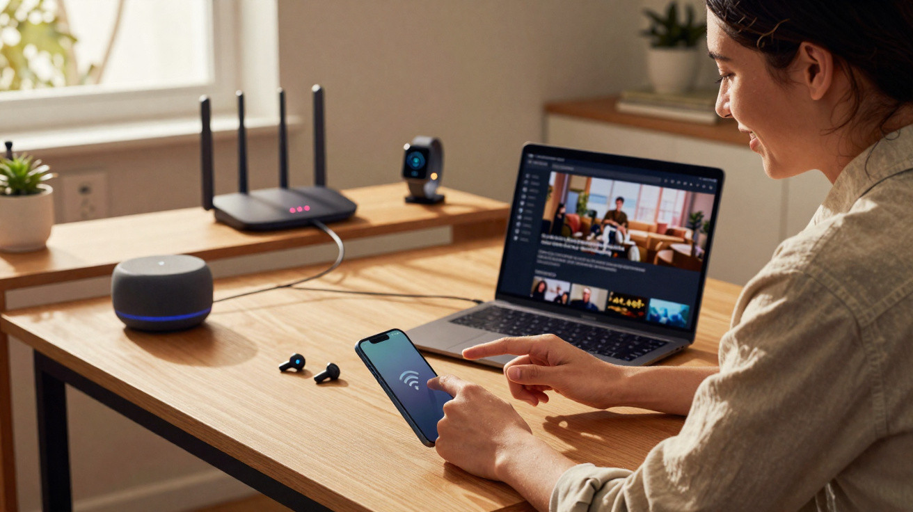Pessoa usando smartphone com símbolo de Wi-Fi na tela, laptop e acessórios em mesa de madeira.