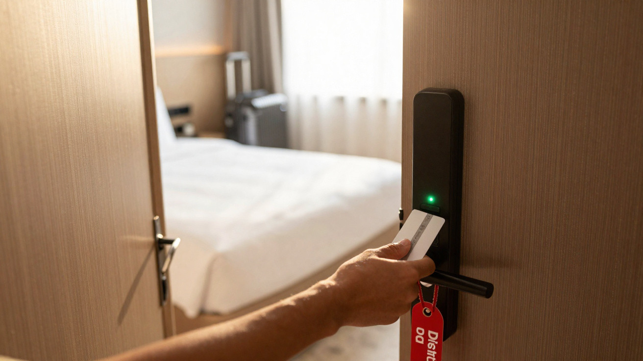 Pessoa usando cartão magnético para acessar porta de quarto de hotel com cama ao fundo.