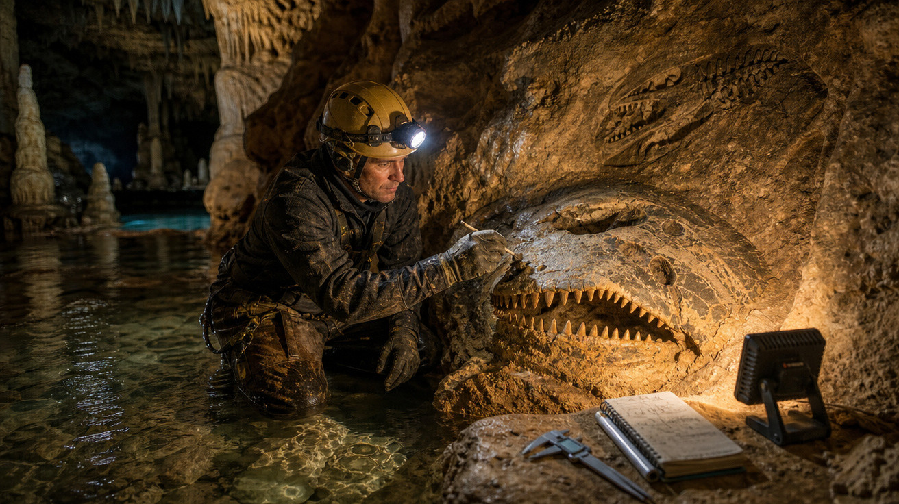 Espeleólogo examinando e limpando fóssil de grande peixe pré-histórico em caverna inundada com caderno e ferramentas.