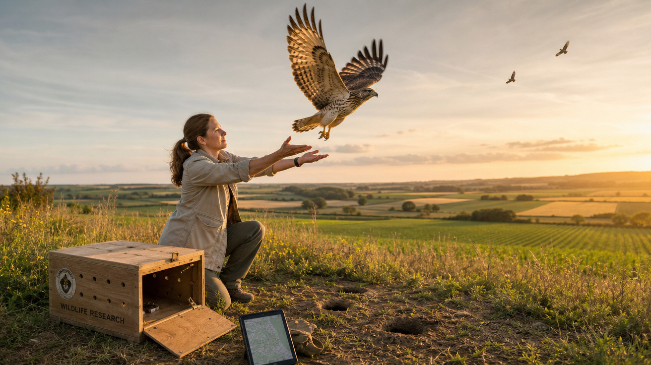 Mulher libera falcão em campo ao pôr do sol, perto de caixa de transporte e tablet no chão.