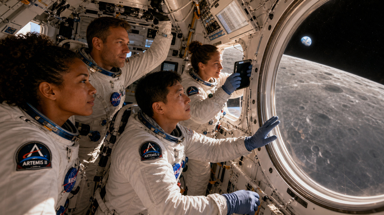 Quatro astronautas observam a superfície lunar e a Terra através da janela da espaçonave.