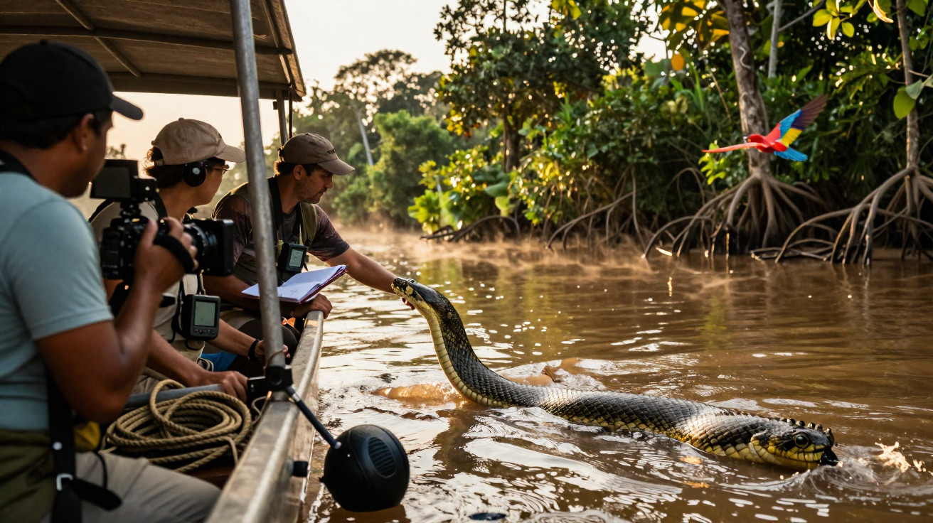 Pesquisadores em barco interagem com sucuri em rio cercado por vegetação e um papagaio colorido voa próximo.