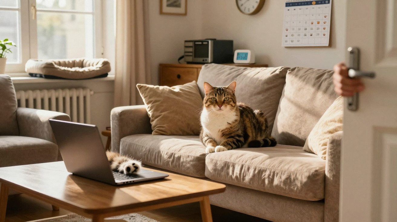 Gato sentado em sofá bege em sala iluminada, com laptop aberto na mesa de madeira à frente.